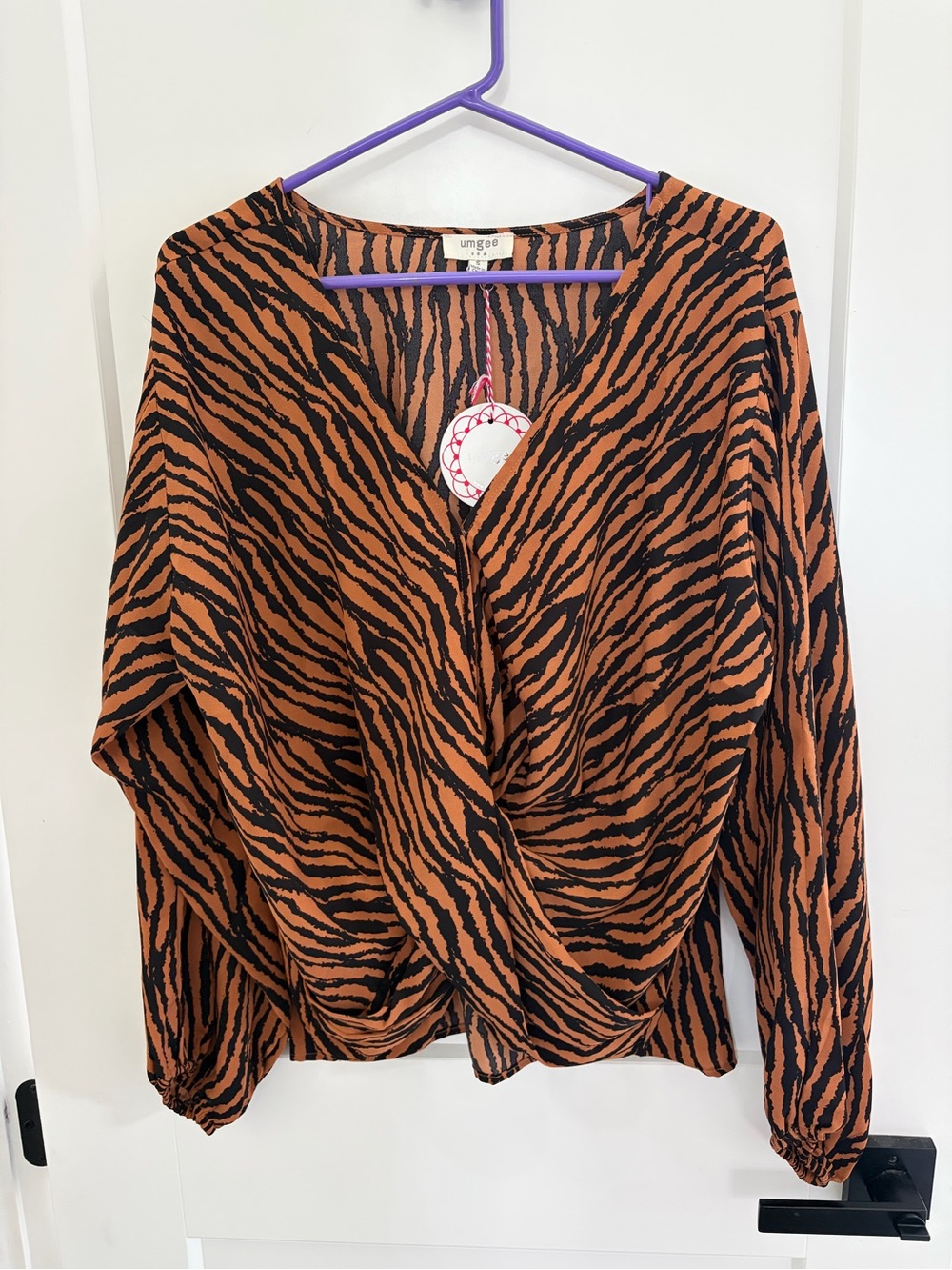 Umgee Black and Orange Zebra Wrap-Front Blouse